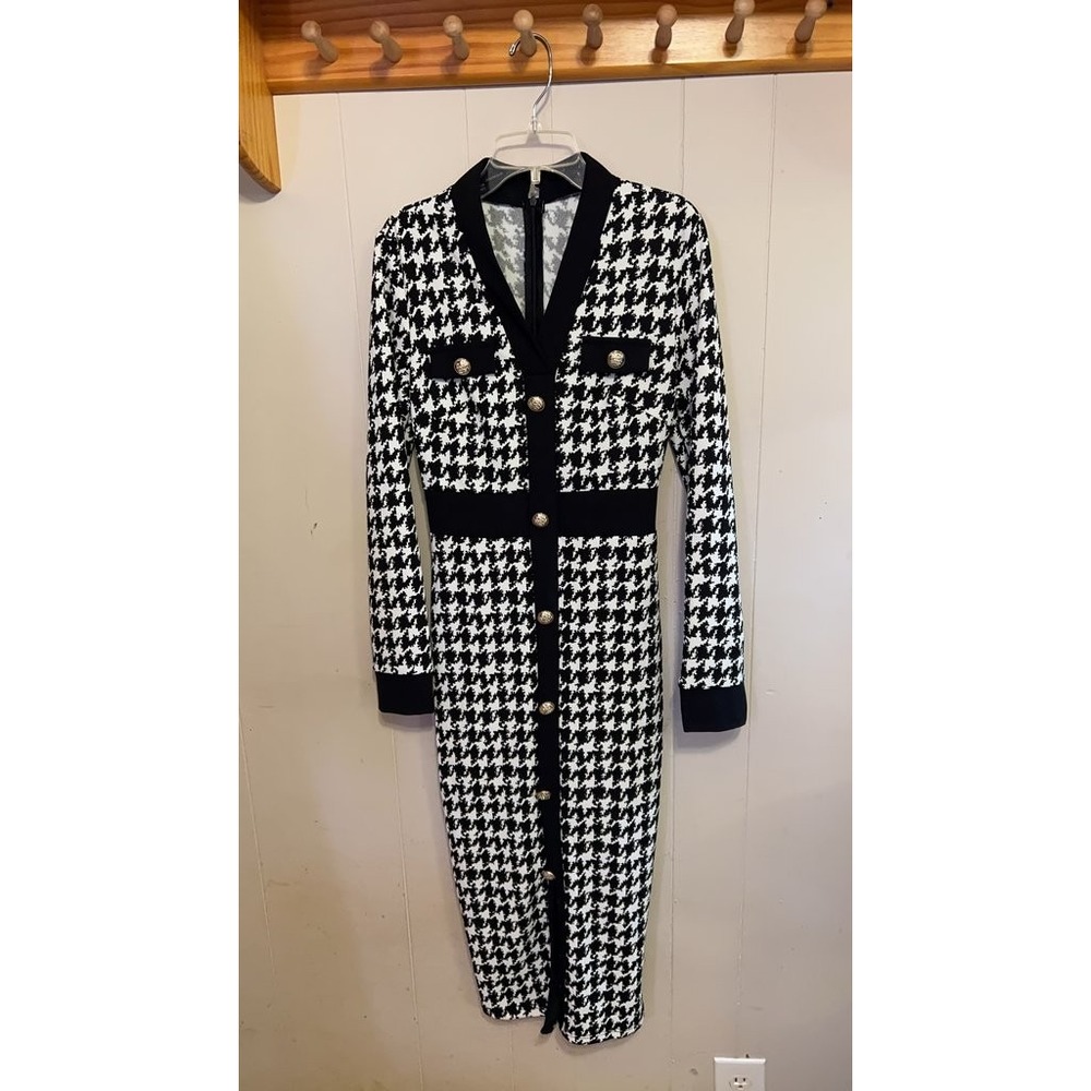 SHEIN Houndstooth Long Sleeve Button-Up Dress